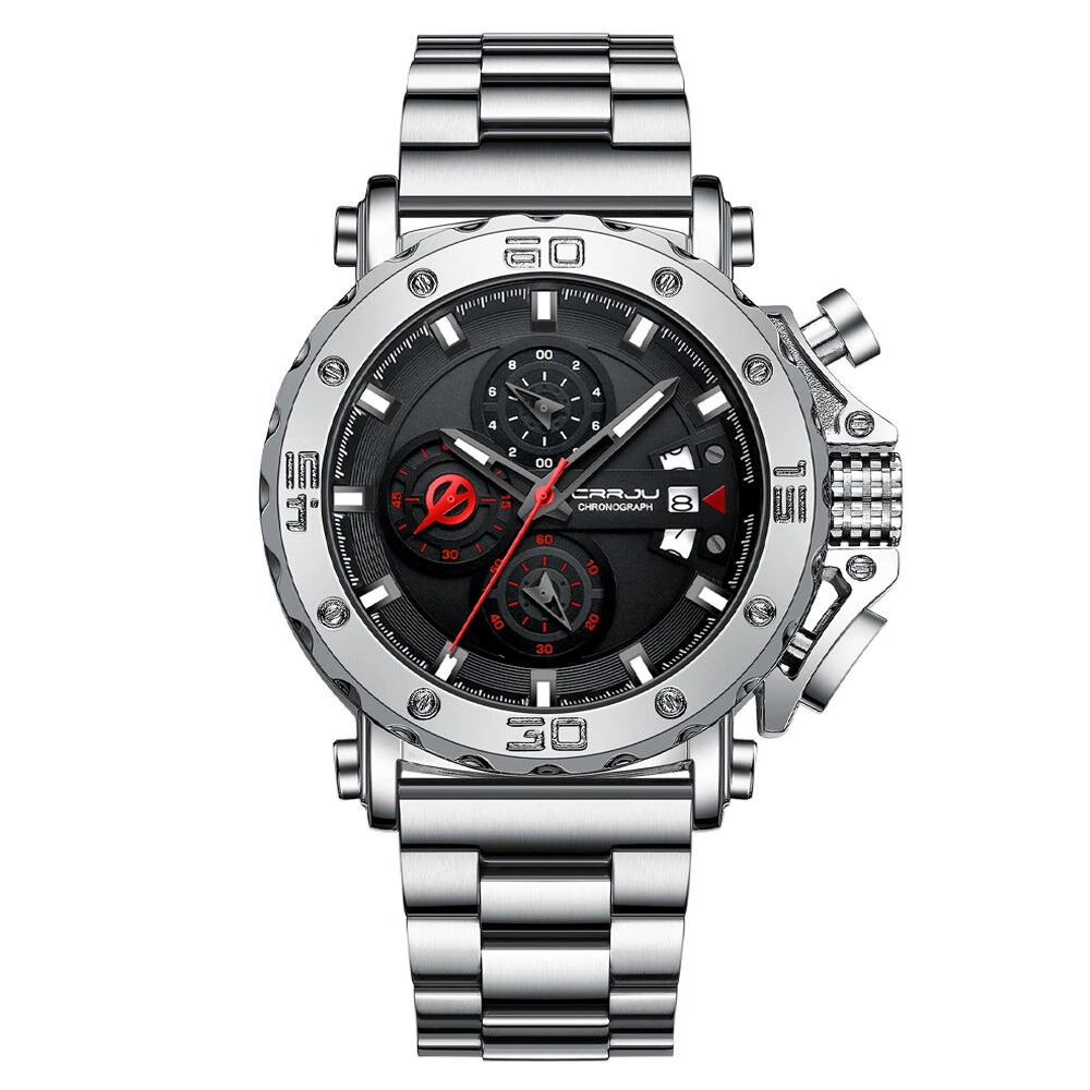 (image for) CRRJU Men's Quartz Chronograph Watch Stainless Steel Strap Waterproof Large Dial Luminous Sport Wristwatch with Date Function