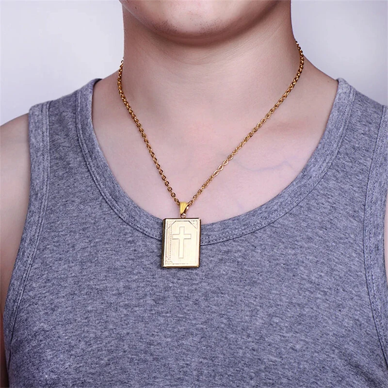 (image for) Religious Jesus Cross Locket Pendants Gold Silver Color Photo Frame Memory Necklace for Women/Men Stainless Steel Cross Necklace Faith Jewelry Gift