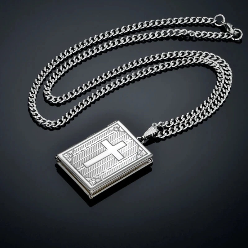 (image for) Religious Jesus Cross Locket Pendants Gold Silver Color Photo Frame Memory Necklace for Women/Men Stainless Steel Cross Necklace Faith Jewelry Gift