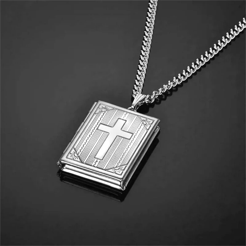(image for) Religious Jesus Cross Locket Pendants Gold Silver Color Photo Frame Memory Necklace for Women/Men Stainless Steel Cross Necklace Faith Jewelry Gift