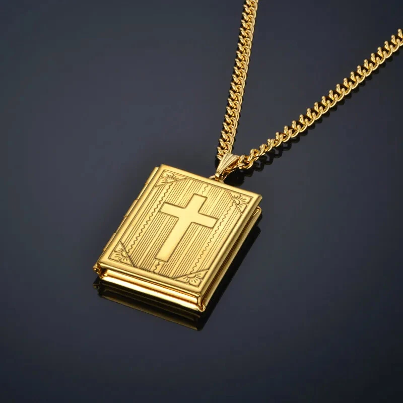 (image for) Religious Jesus Cross Locket Pendants Gold Silver Color Photo Frame Memory Necklace for Women/Men Stainless Steel Cross Necklace Faith Jewelry Gift