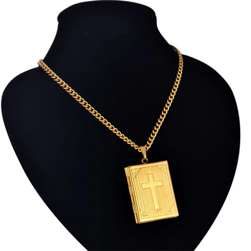 (image for) Religious Jesus Cross Locket Pendants Gold Silver Color Photo Frame Memory Necklace for Women/Men Stainless Steel Cross Necklace Faith Jewelry Gift