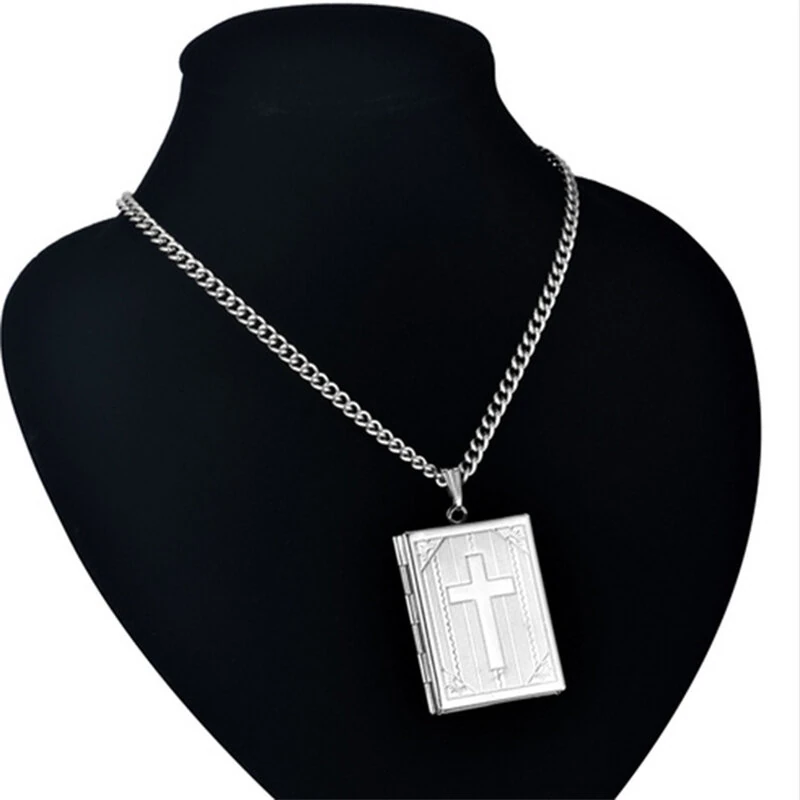 (image for) Religious Jesus Cross Locket Pendants Gold Silver Color Photo Frame Memory Necklace for Women/Men Stainless Steel Cross Necklace Faith Jewelry Gift