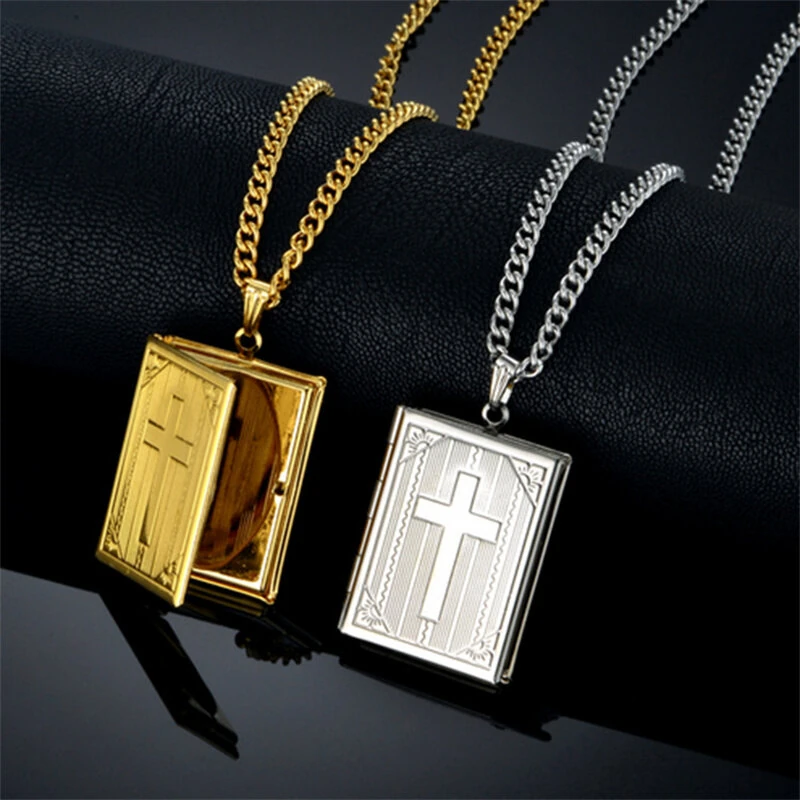 (image for) Religious Jesus Cross Locket Pendants Gold Silver Color Photo Frame Memory Necklace for Women/Men Stainless Steel Cross Necklace Faith Jewelry Gift