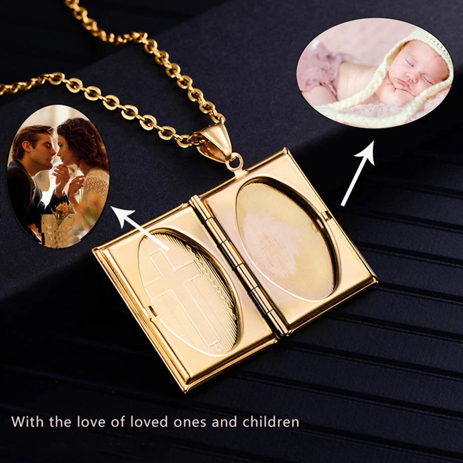 (image for) Religious Jesus Cross Locket Pendants Gold Silver Color Photo Frame Memory Necklace for Women/Men Stainless Steel Cross Necklace Faith Jewelry Gift