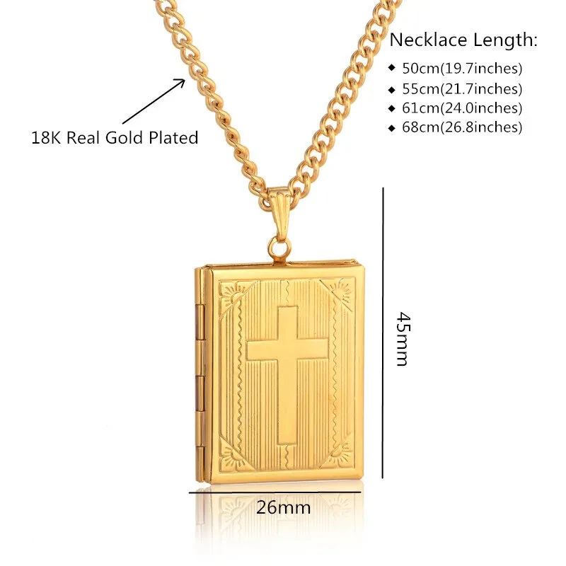 (image for) Religious Jesus Cross Locket Pendants Gold Silver Color Photo Frame Memory Necklace for Women/Men Stainless Steel Cross Necklace Faith Jewelry Gift